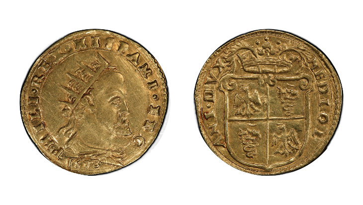 Image of front and back of 1578 Gold Doppia King Phillip II of Spain PCGS AU58