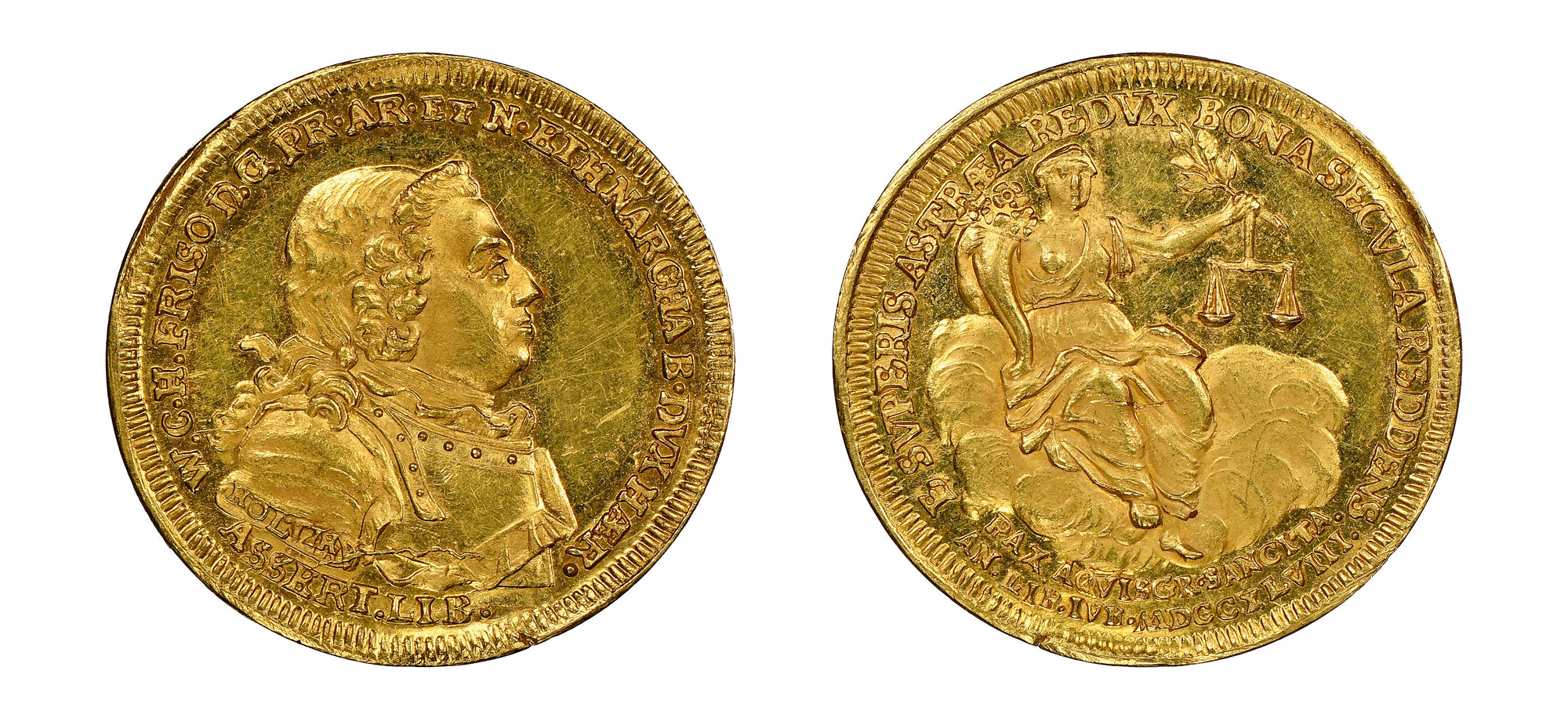 1748 Gold Aachen Medal, Peace Centennial M.Holtzhey NGC MS63 - Hard Asset Management, Inc