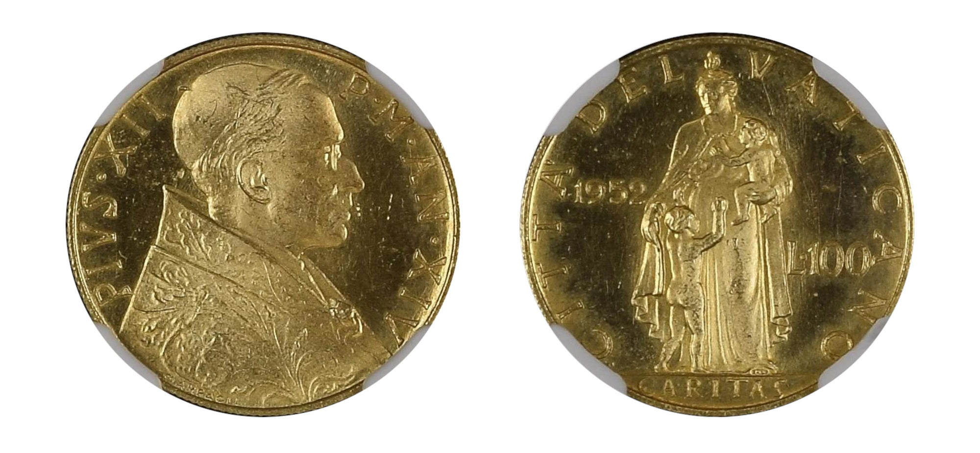 1952 VATICAN XIV "Pope Pius XII" Gold100 Lire NGC MS64