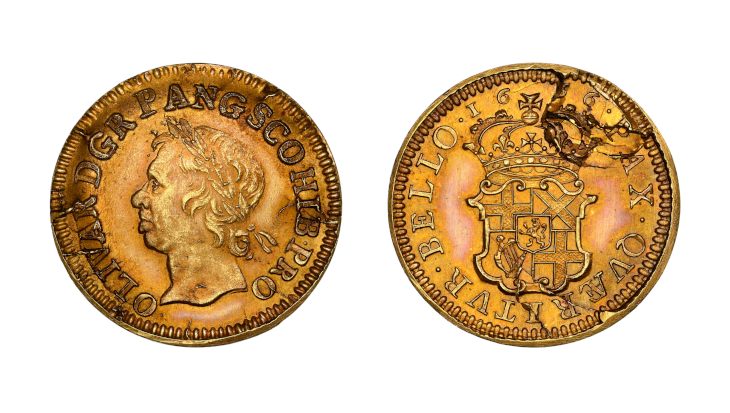 Obverse and reverse of a 1656 Cromwell Gold Pattern Broad. Features a Roman-style laureated bust of Oliver Cromwell on the obverse and a crowned armorial shield with the motto "PAX QUAERITUR BELLO" on the reverse.