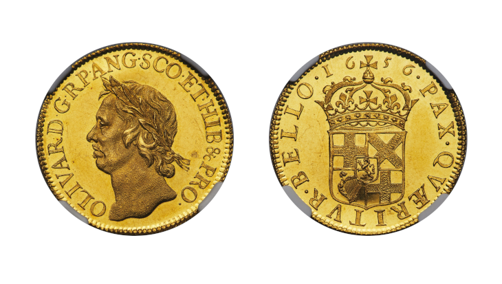 Obverse and reverse of a 1656 Oliver Cromwell Gold Pattern Broad, graded NGC PF63 Cameo. The obverse features a sharp, frosted laureate portrait of Cromwell against mirror-like fields, while the reverse displays the crowned shield of the Protectorate with exceptional detail and contrast.
