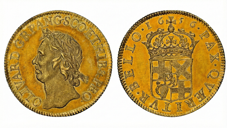 Obverse and reverse of a 1656 Cromwell Gold Pattern Broad, NGC MS63+ Proof Like. Features the laureate portrait of Cromwell and the crowned protectorate shield.