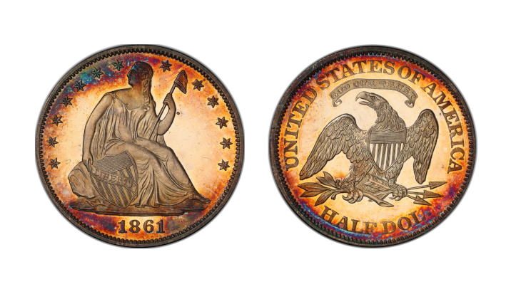 Obverse and reverse of an 1861 USA Seated Liberty 50c (J-277) pattern coin, PCGS PR65 Deep Cameo. Features Liberty seated with a shield and pole on the obverse, and a heraldic eagle with the experimental motto "GOD OUR TRUST" on the reverse.