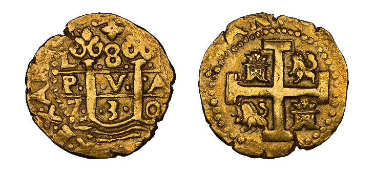 Obverse and reverse of a 1730 Peru Gold 8 Escudos, NGC AU55. Features the Jerusalem cross with castles and lions and the crowned pillars of Hercules over sea waves.