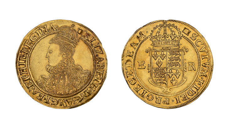 Obverse and reverse views of a 1594-96 Elizabeth I Gold 1 Pound coin, graded NGC MS62. The obverse shows the crowned bust of the Queen with flowing hair and an ornate ruff, while the reverse features the crowned royal shield of arms.