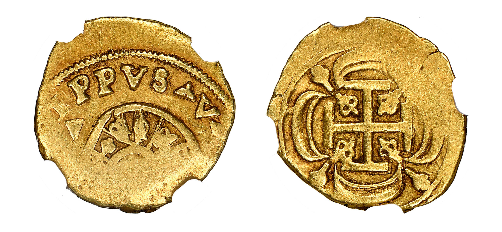 1724-32J Gold Escudo Philip V- Bar End Cross, Straight Bar in Arms NGC AU50