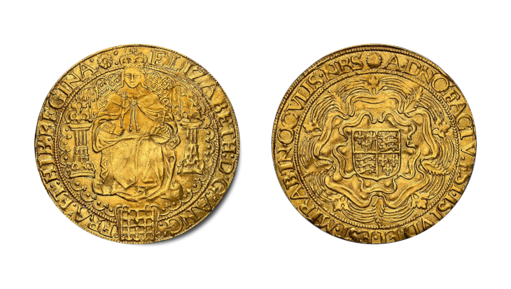 Obverse and reverse of a 1582-84 Elizabeth I Gold Sovereign, NGC AU58. Shows the Queen enthroned on the obverse and a large Tudor rose with shield on the reverse.