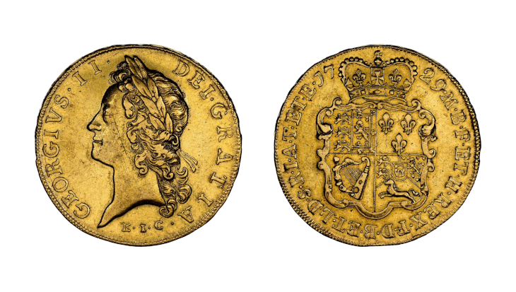 Obverse and reverse of a 1729 Great Britain Gold Pattern Guinea, NGC PF63 Cameo. Features the laureate portrait of King George II and the crowned cruciform shields on the reverse.
