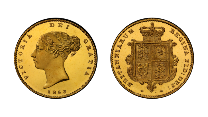 Obverse and reverse of an 1853 Great Britain Gold Half Sovereign, PCGS PR65DCAM. Features Queen Victoria's young head and the crowned royal shield.