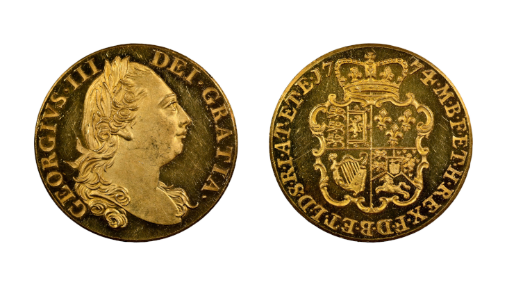 Obverse and reverse of a 1774 Great Britain Gold Guinea, NGC PF64CAM. Features the laureate head of King George III and a detailed crowned shield of arms.