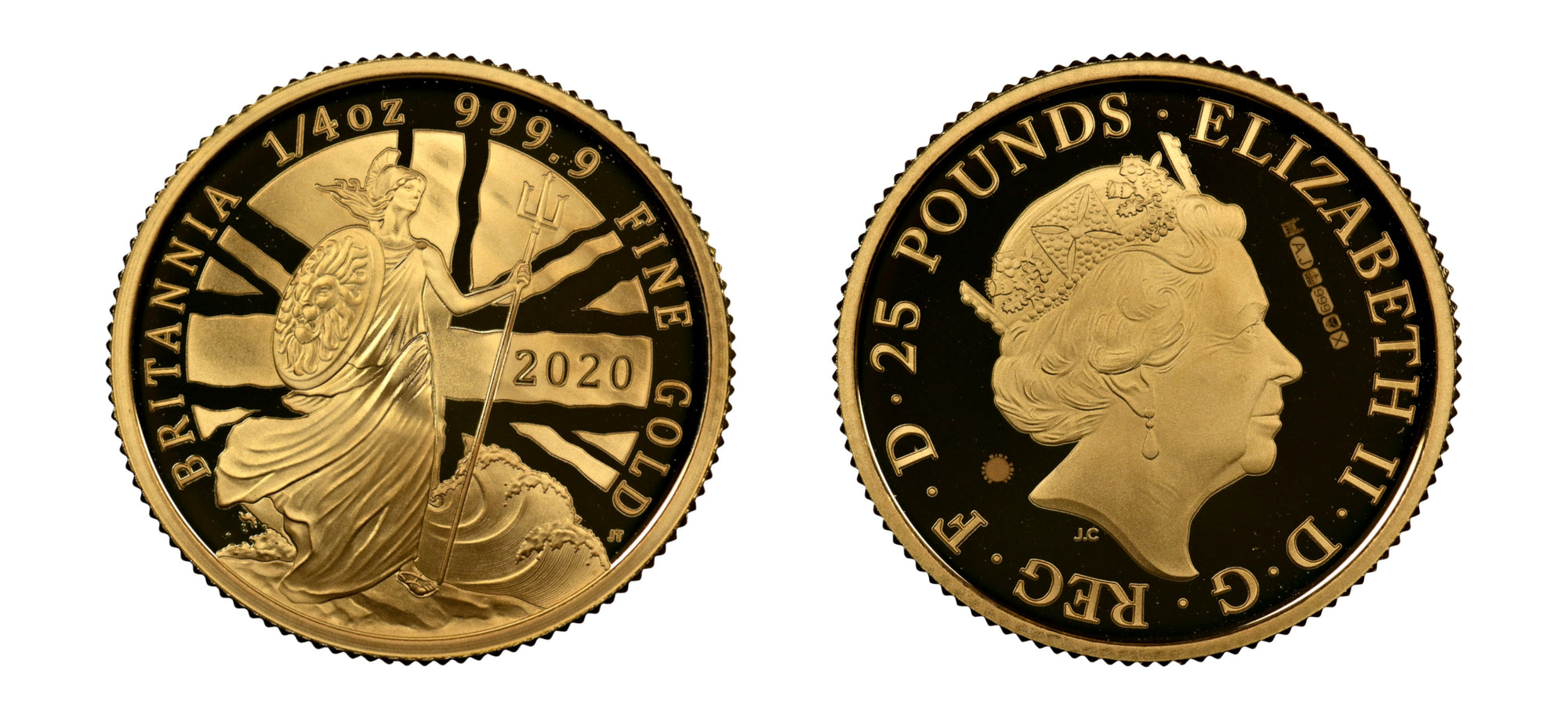 2020 Elizabeth II gold Proof Trial "Britannia" 25 Pounds (1/4 oz) NGC PR70 Ultra Cameo - Hard Asset Management, Inc