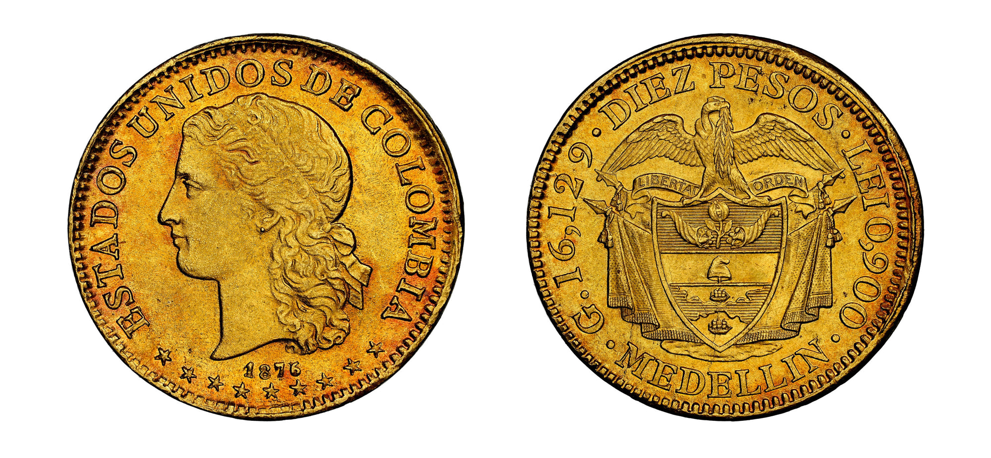 1876/5 Gold 10 Pesos Medellin NGC MS66 - Hard Asset Management, Inc