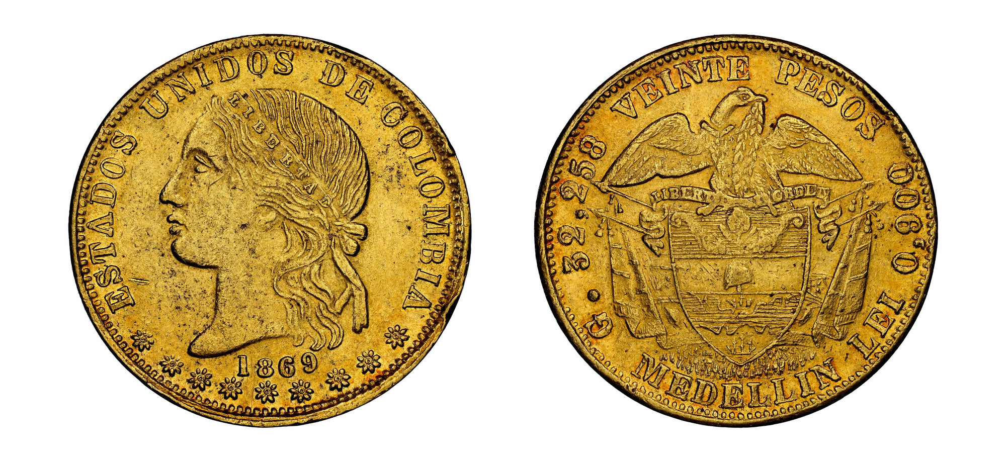 1869 Gold 20 Pesos Medellin NGC MS62 - Hard Asset Management, Inc