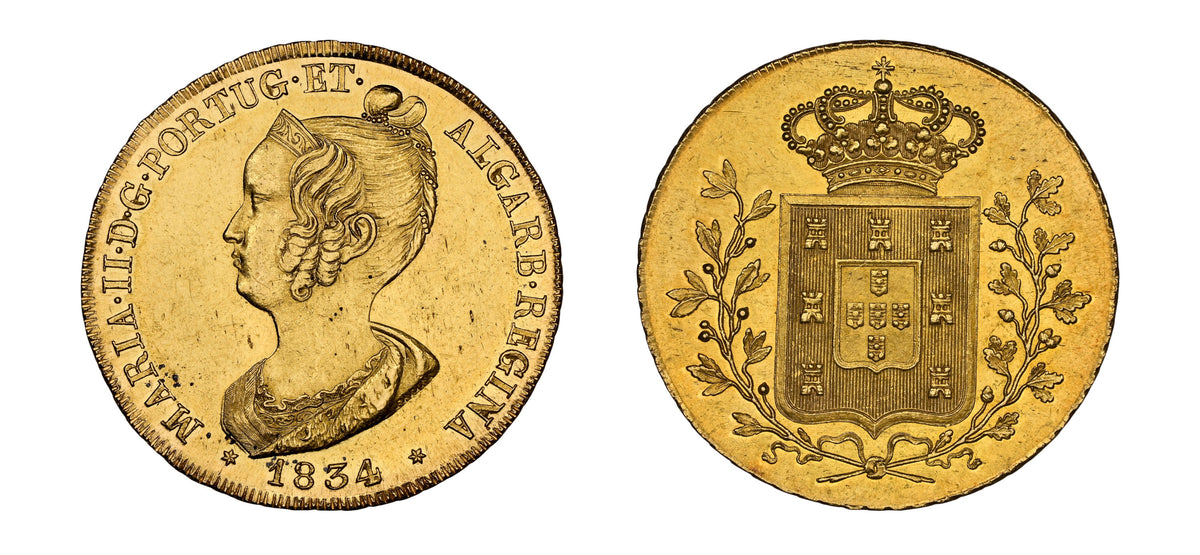 1834 Gold Peca Queen Maria II NGC MS63+ - Hard Asset Management, Inc