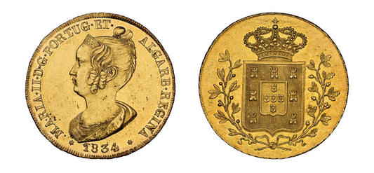 1834 Gold Peca Queen Maria II NGC MS63+ - Hard Asset Management, Inc