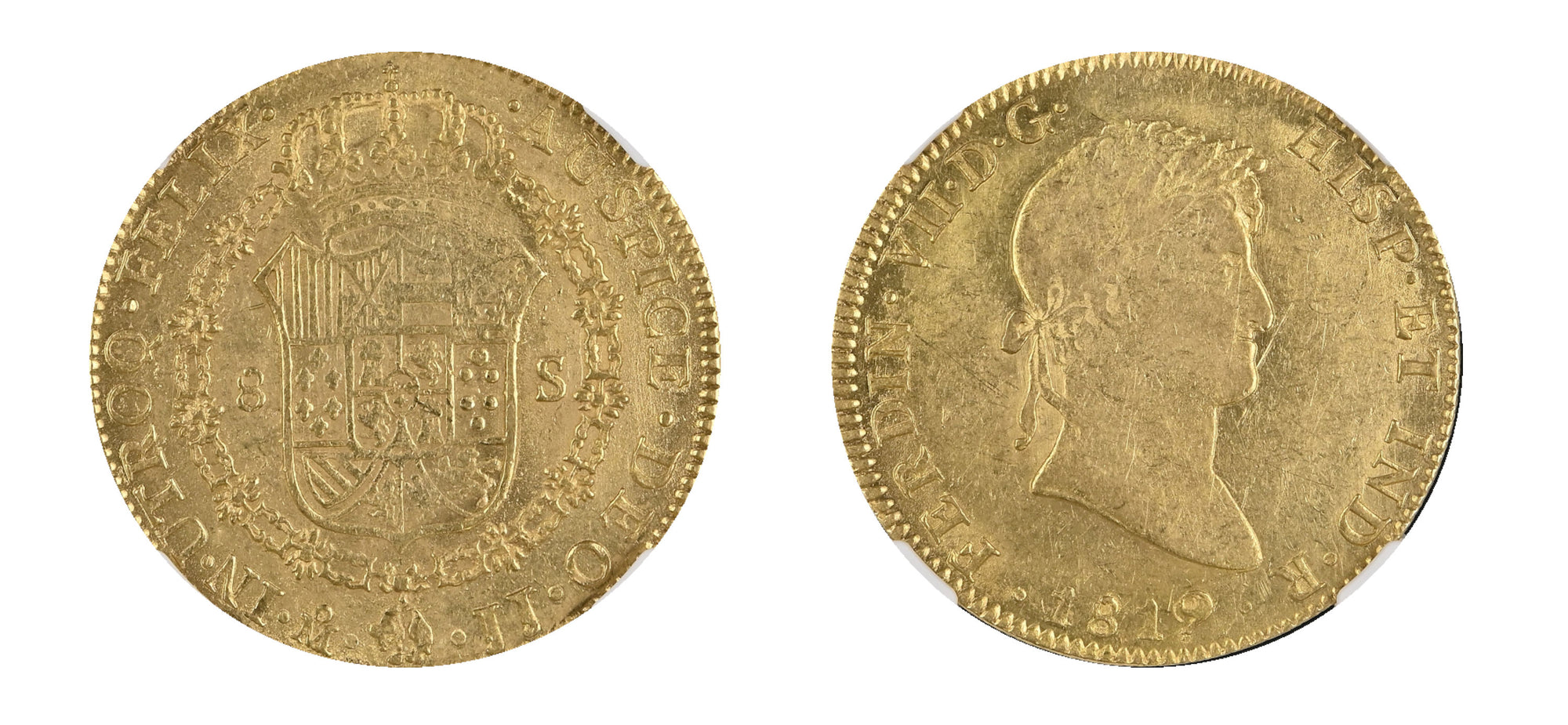 1819MO JJ Gold 8 Escudos King Ferdinand VII NGC AU58 - Hard Asset Management, Inc