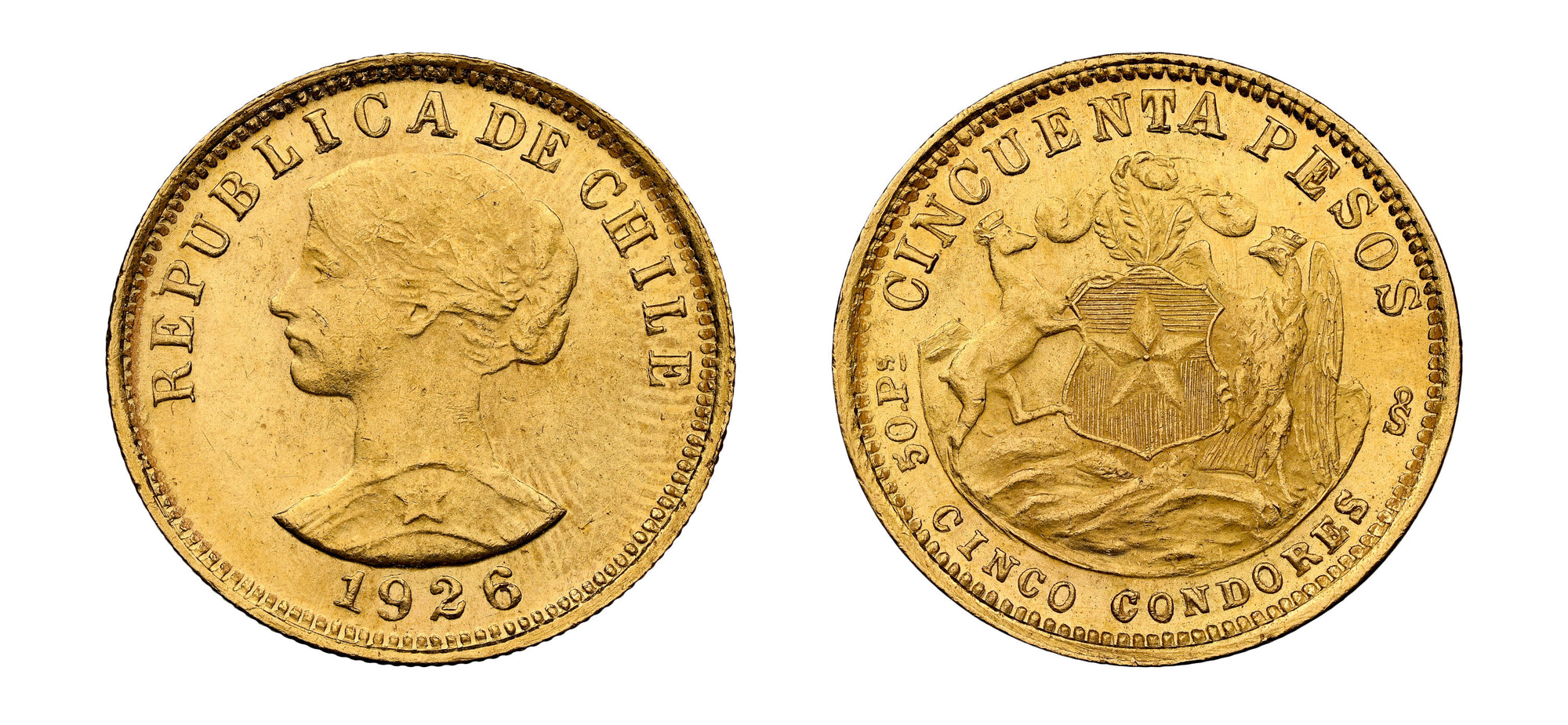 1926SO Chile Gold 50 Pesos NGC MS 63