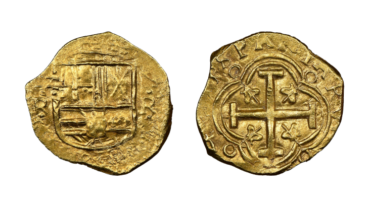 Two gold coins with heraldic designs 