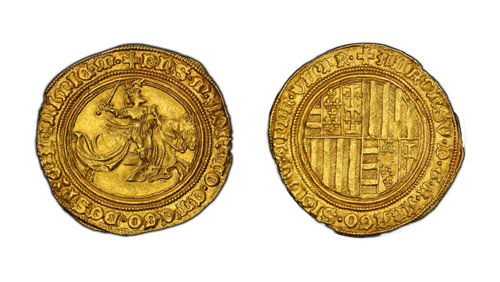 Obverse: Features a dynamic and regal depiction of St. Michael the Archangel, standing armored with a sword in hand, slaying a dragon beneath him. 

Reverse: Displays the crowned royal arms of Aragon and Sicily