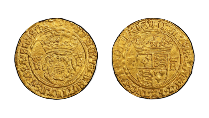 Obverse and reverse of a 1537-42 Great Britain Gold Crown, PCGS MS61. Features a crowned Tudor rose flanked by the initials H and R (Henricus Rex) on the obverse, and the crowned royal shield of England and France on the reverse.