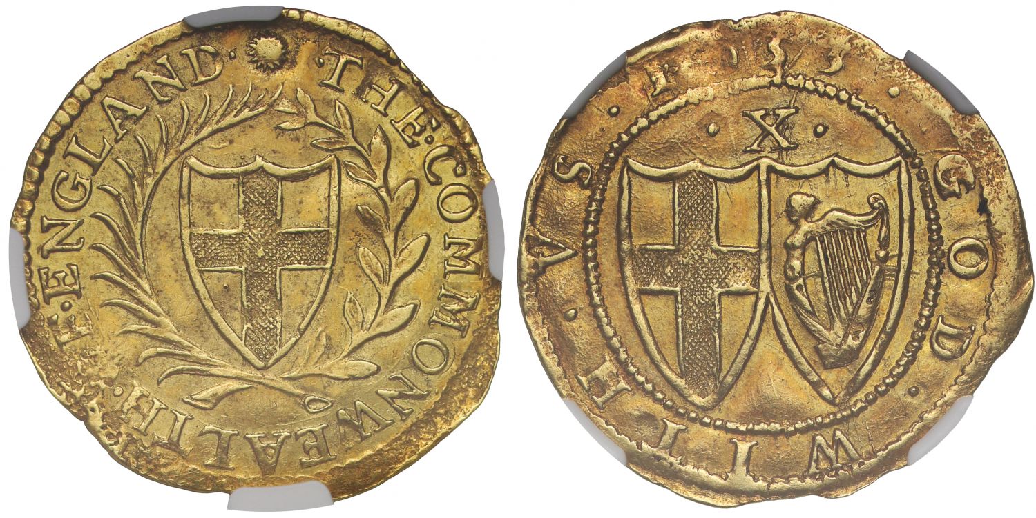 Obverse and reverse of a 1653 Great Britain Gold Double Crown, PCGS AU58. The obverse features the shield of St. George within a laurel and palm wreath, and the reverse displays the twin shields of England and Ireland with the Roman numeral X above.