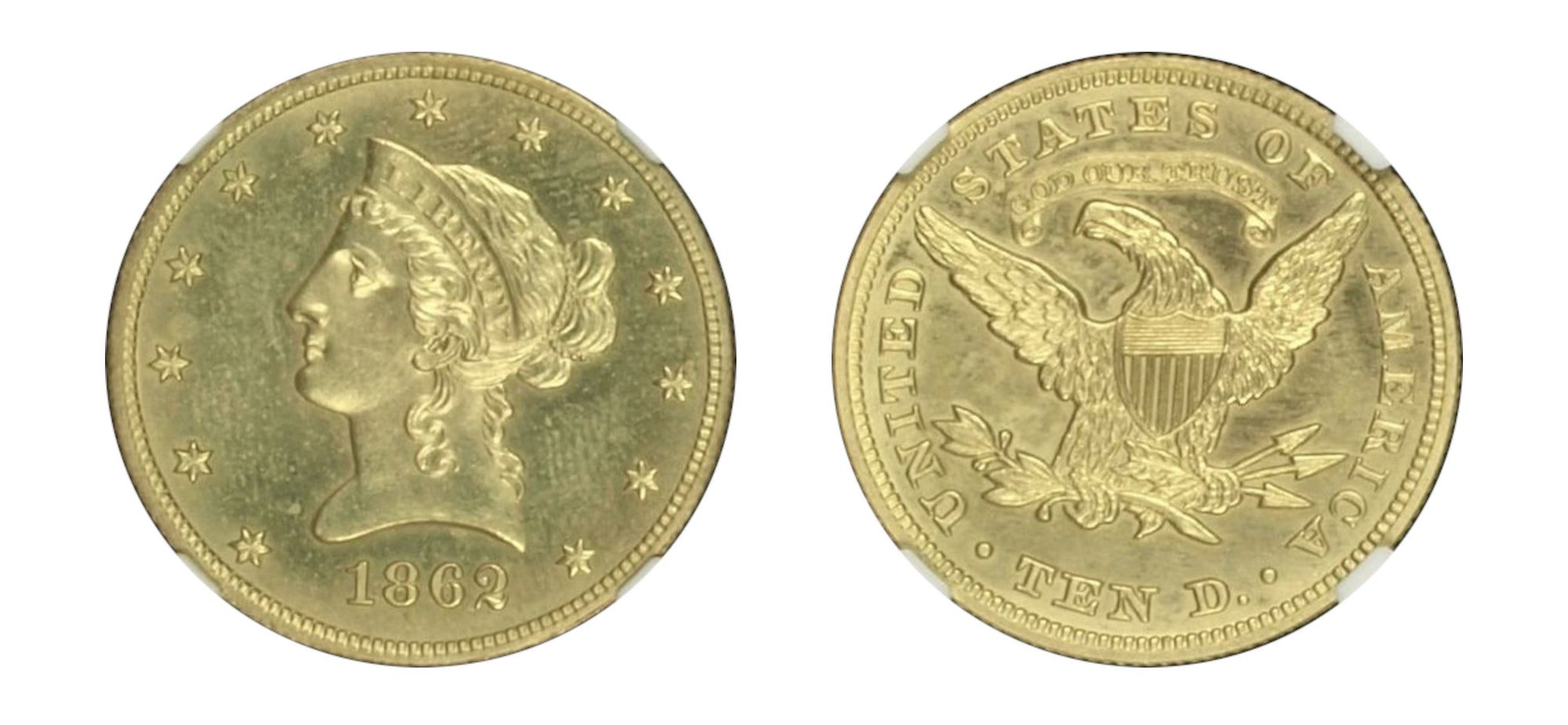 1862 Judd-297 $10 Liberty Head, "God Our Trust" NGC PF 64 Gilt LM - Hard Asset Management, Inc