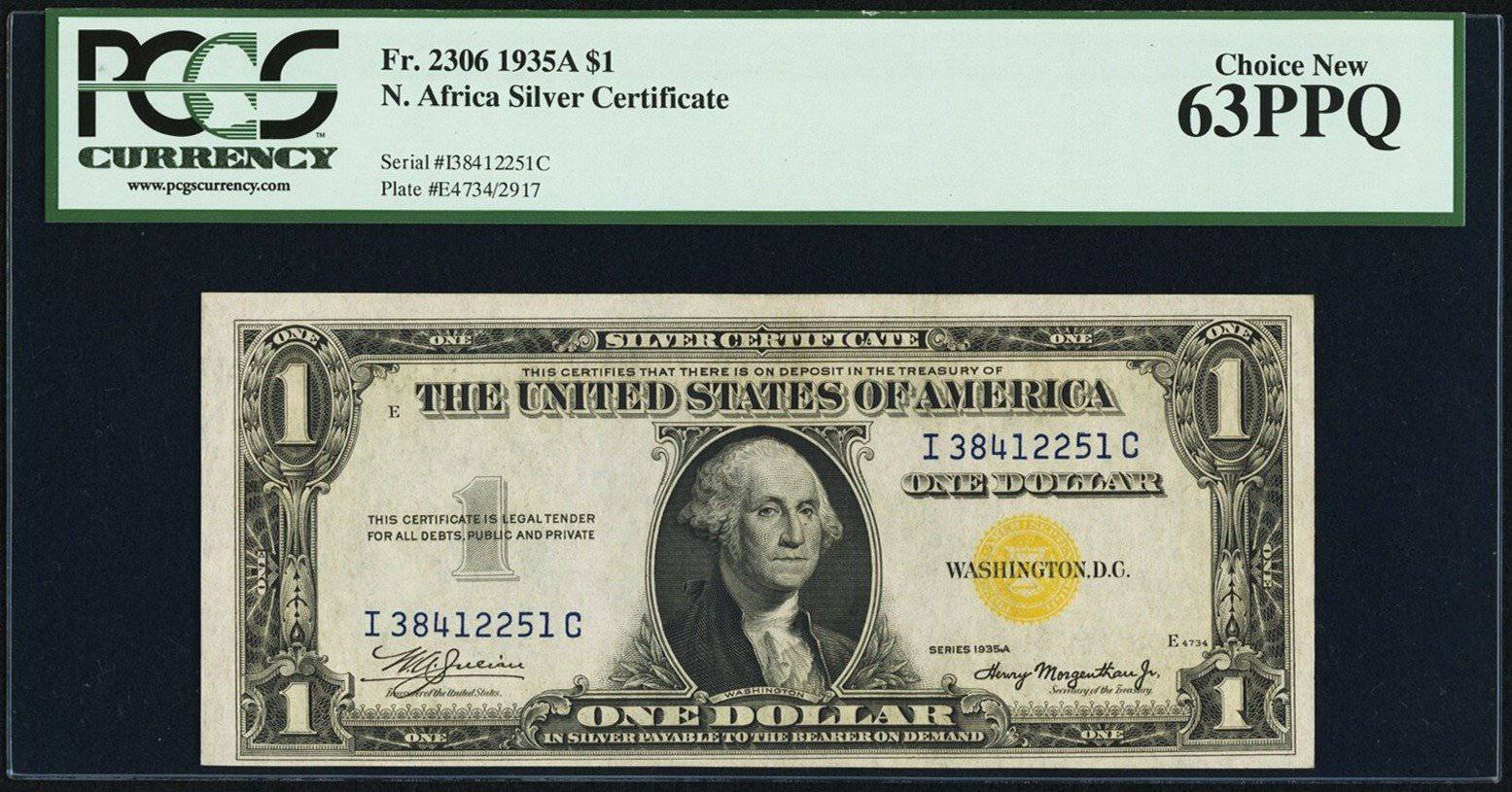 1935A $1 North Africa Silver Certificate Fr. 2306 PCGS Ch New 63 PPQ - Hard Asset Management, Inc