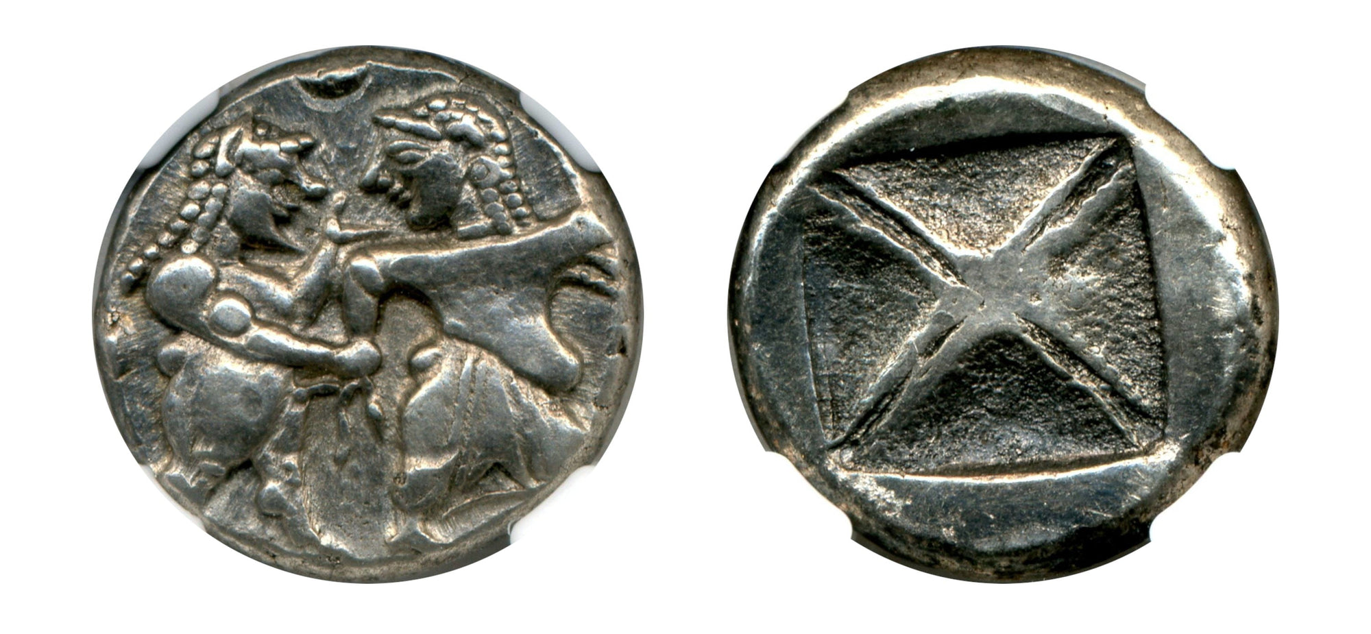 525-480 BC-Silver Stater Macedon, Siris Satyr Abducts Nymph NGC CH XF* Strk 5/5 Surf 4/5 - Hard Asset Management, Inc