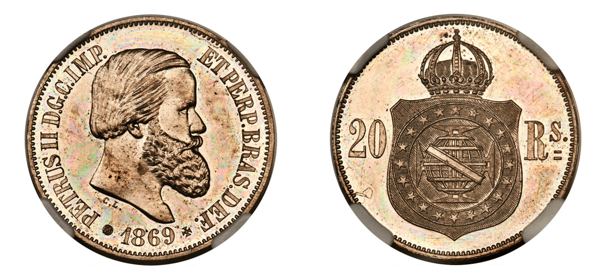 1869 Pedro II Copper-Nickel Pattern 20 Reis NGC MS63 - Hard Asset Management, Inc